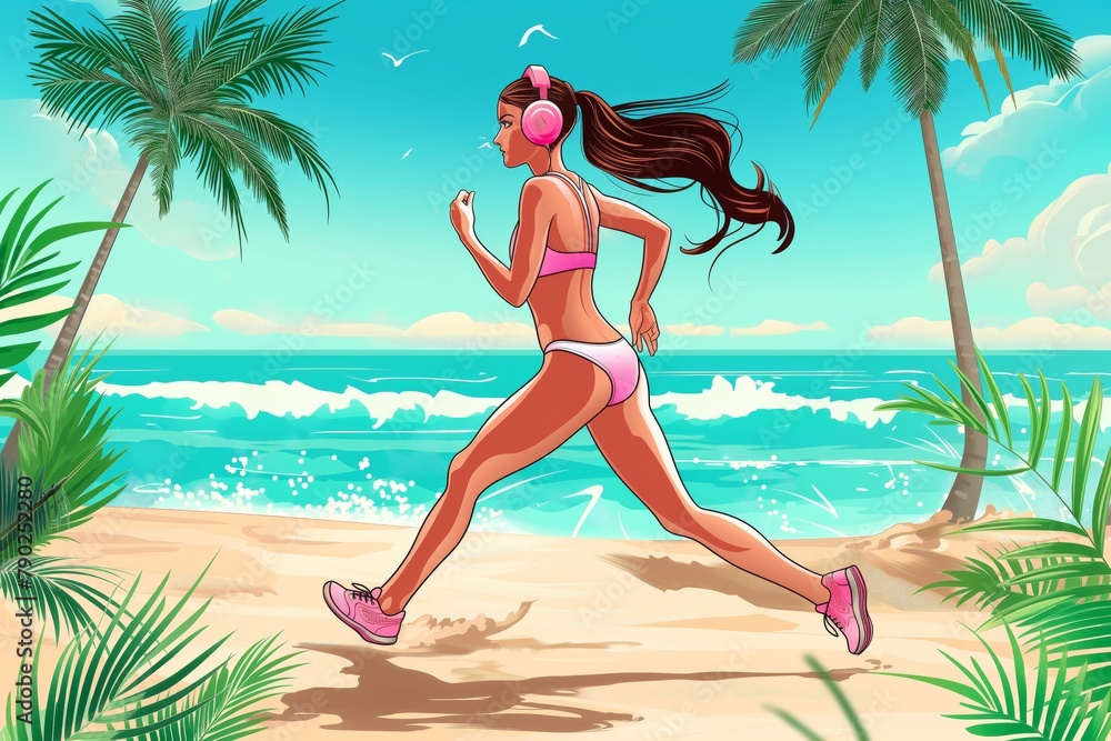 illustration of  Young Woman Enjoying a Morning Run Along a Tropical Beach on a Sunny Day