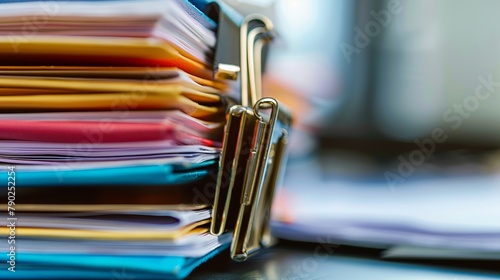 extremely close-up office document stacking with a paper clip folder