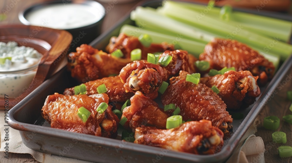 Fototapeta premium Buffalo chicken wings with celery, green onion and yogurt sauce