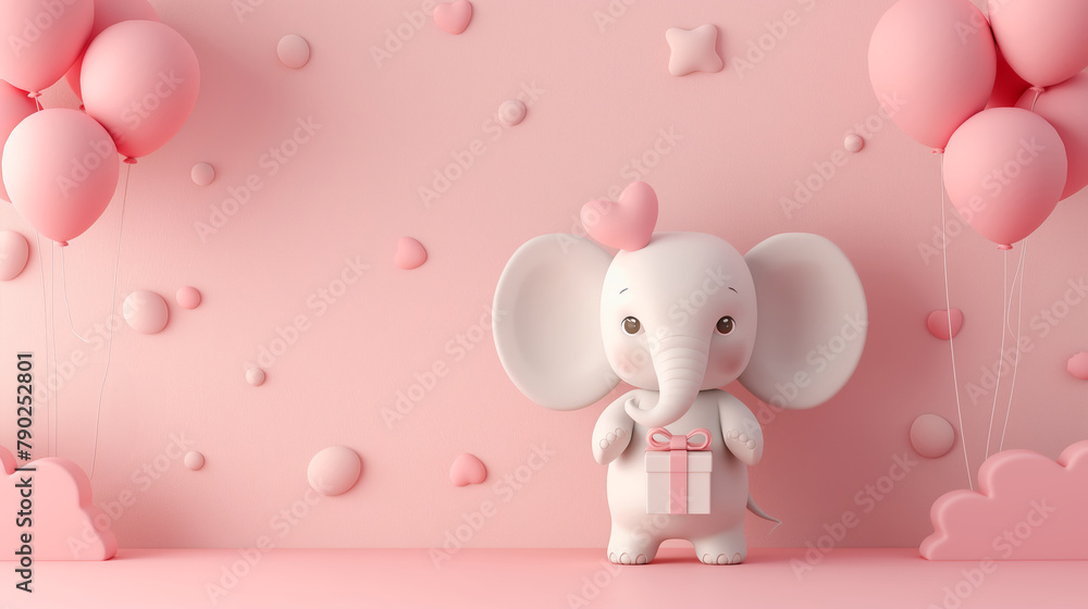 A 3D illustration of a cute cartoon elephant with a heart-shaped balloon and pink gift on a pastel pink background with floating balloons, hearts, and clouds. A 3D illustration of a cute cartoon elephant with a heart-shaped balloon and pink gift on a pastel pink background with floating balloons, hearts, and clouds.