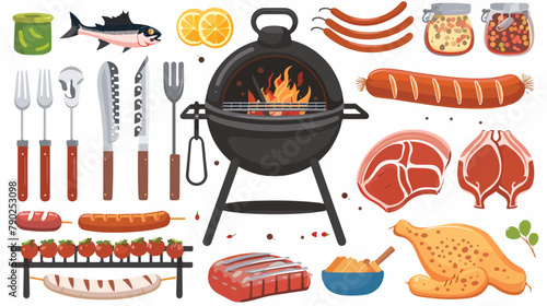 Barbecue elements set vector flat illustration. Col
