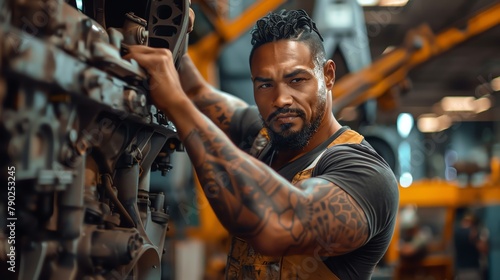 A powerful Samoan mechanic, his arms covered in tattoos, hoists a heavy car engine with a crane, showcasing the strength needed for certain aspects of the job,realistic photos shot fro photo