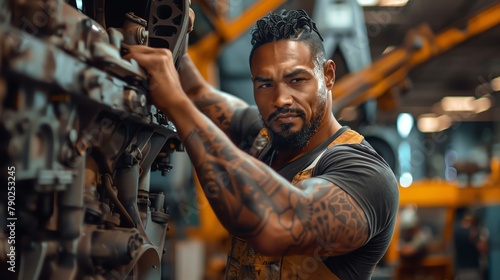 A powerful Samoan mechanic, his arms covered in tattoos, hoists a heavy car engine with a crane, showcasing the strength needed for certain aspects of the job,realistic photos shot fro