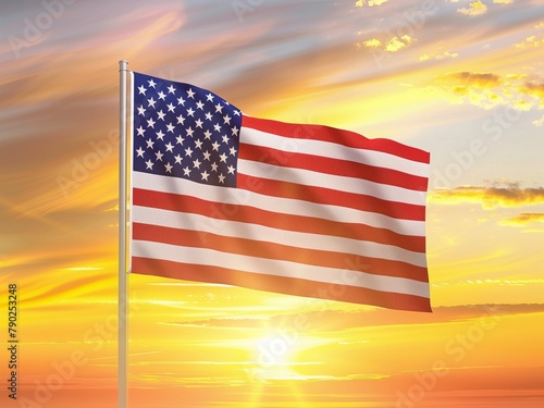 the American flag on a flagpole against a sunset background ,American symbol, American pride, American nation, flag