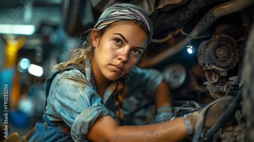 A skilled Mexican mechanic, wearing a bandanna tied around her head, uses a flashlight to inspect a cars intricate undercarriage, revealing the complexity of the repair,realistic photos shot photo