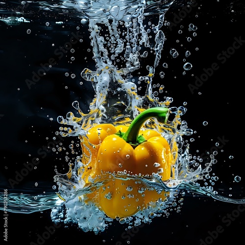 Vivid Yellow Bell Pepper in a Dynamic Splash Against Black Background