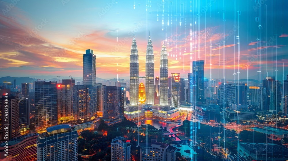 Naklejka premium An abstract technology hologram featuring a panoramic view of Kuala Lumpur at dusk in Malaysia and Asia. Concept of technological change of the world. 