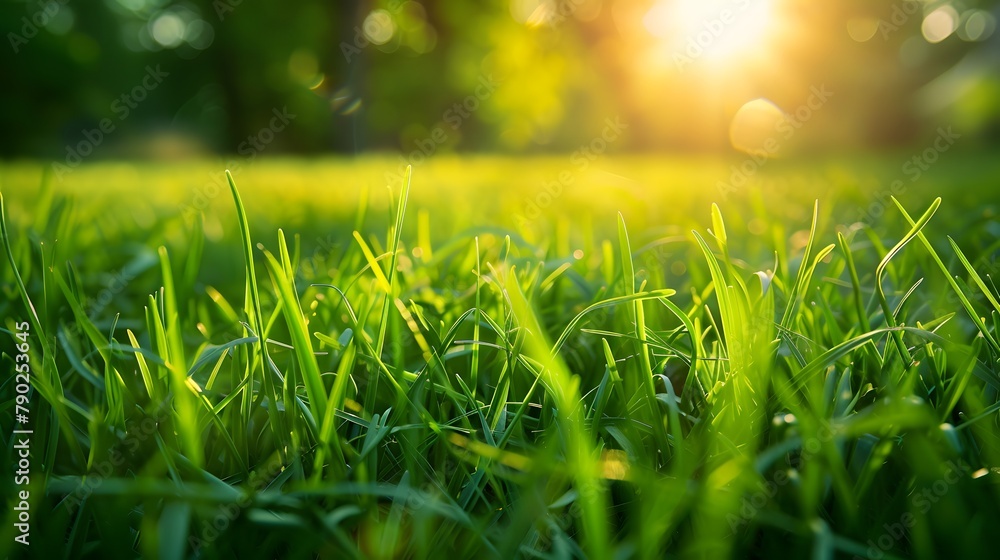Fresh Green Grass in Sunlight: Vibrant Summer Spring Morning Nature Scene