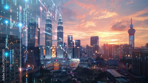 An abstract technology hologram featuring a panoramic view of Kuala Lumpur at dusk in Malaysia and Asia. Concept of technological change of the world. 