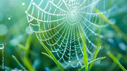 Macro photography of dew drops on a spider web. Serene natural beauty captured in blue tones with soft focus. Stunning cobweb adorned with water droplets in spring or summer.