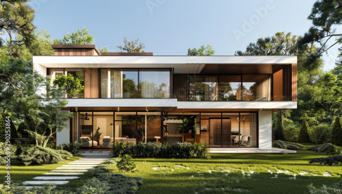 Modern two-story house with wooden elements, white walls and brown wood windows on the front facade © Kien