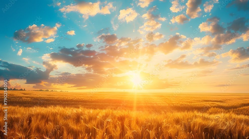 Golden Wheat Field Sunset Panorama: Beautiful Natural Landscape Photography of Rural Countryside at Dusk