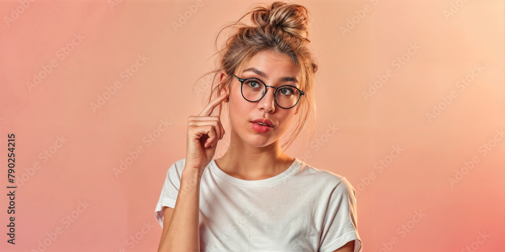 Young beautiful girl glasses pointing thumb up to the side smiling happy. He looks thoughtfully away.Isolated on pink color background. Young beautiful girl glasses pointing thumb up to the side smiling happy. He looks thoughtfully away.Isolated on pink color background.