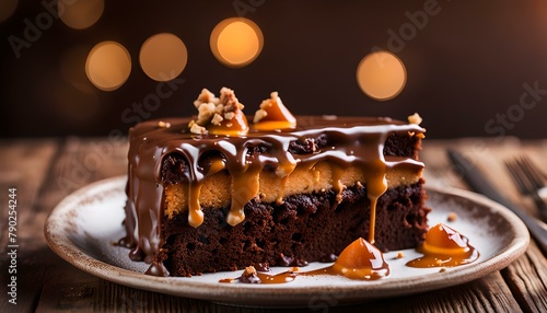 Piece of chocolate cake with caramel on wooden background 