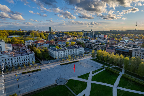 Aerial green spring sunset view of Lukiškės square, Vilnius downtown, Lithuania