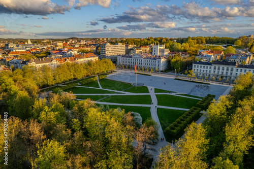 Aerial green spring sunset view of Lukiškės square, Vilnius downtown, Lithuania