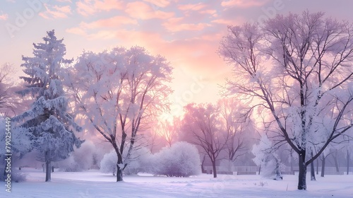 Winter Wonderland: Enchanting Snowy City Park with Frosty Trees, Sunset in Lilac and Pink Hues