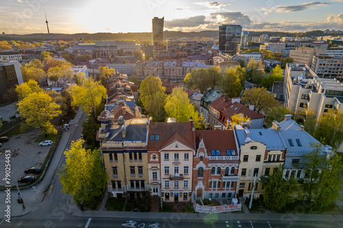 Aerial green spring sunset view of Vilnius downtown, Lithuania