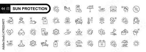 Sun protection icon set. Contains icons sunscreen, ultraviolet, sunglasses, SPF protection, umbrella, sunburn, sun hat, beach lounger and more. Editable stroke.