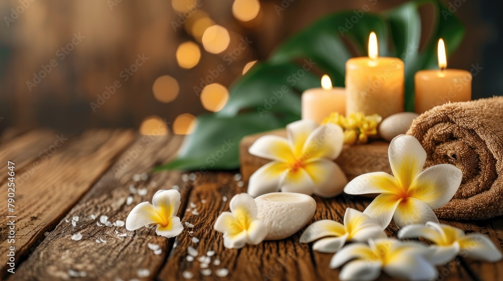 Spa scene featuring fragrant candles Frangipani blossoms and cloth on a wooden surface - obrazy, fototapety, plakaty 