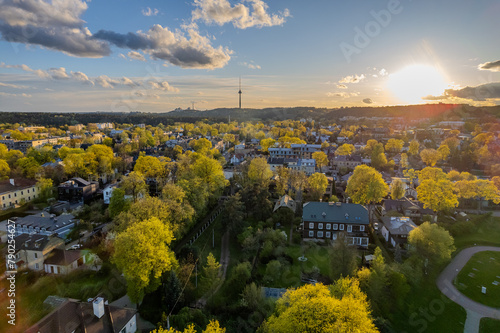Aerial green spring sunset view of Zverynas district, Vilnius downtown, Lithuania