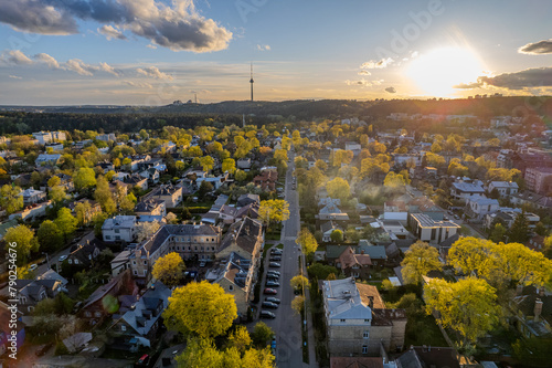 Aerial green spring sunset view of Zverynas district, Vilnius downtown, Lithuania photo