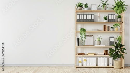 Office bookcase above white wall, empty space; plants and folders