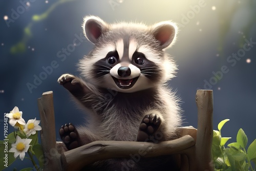 happy and cute baby raccoon, 4k, realistic. Ai generated