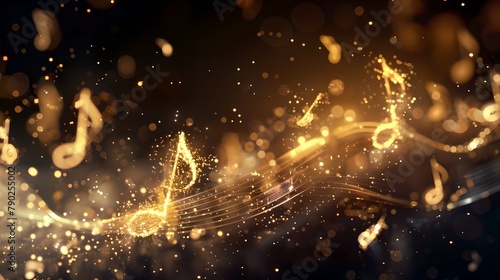 Abstract Golden Musical Notes Floating in Space. Sparkling Melody Concept. Elegance and Creativity in Music Visualization. AI