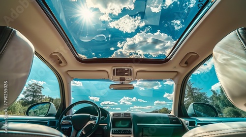 The car has a panoramic glass sun roof. Clear glass and an interior to sky view
 photo