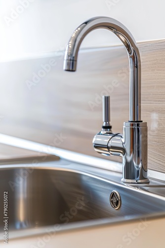 An image of a kitchen faucet made of stainless steel. Superior sanitary products for all interior styles and tastes.