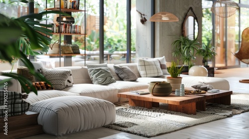 Elegant Modern Living Room with Natural Wood Accents.