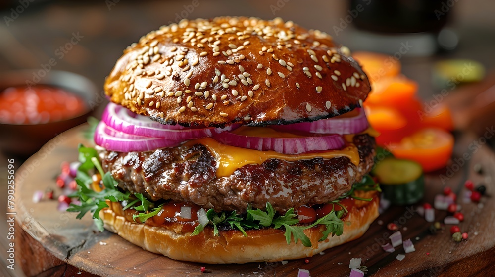 Juicy Gourmet Beef Burger with Fresh Vegetables on Wooden Board. Delicious Fast Food Concept. Close-up of Homemade Burger. AI Juicy Gourmet Beef Burger with Fresh Vegetables on Wooden Board. Delicious Fast Food Concept. Close-up of Homemade Burger. AI