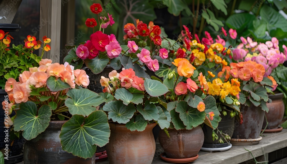 Blooming colorful begonia flowers in pots on the terrace.
