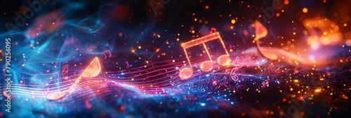 a colorful musical background with musical notes and lights on a dark background photo