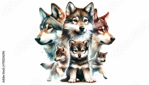 Wolf pack in watercolor  demonstrating strength  togetherness  and natural beauty. Stock photo with construction concept.