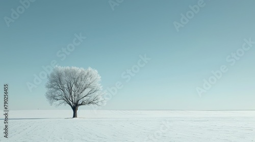 Stark beauty of a single tree in a snowy landscape, symbolizing quiet strength in the cold winter Concept of natural simplicity, peacefulness, and the stillness of winter