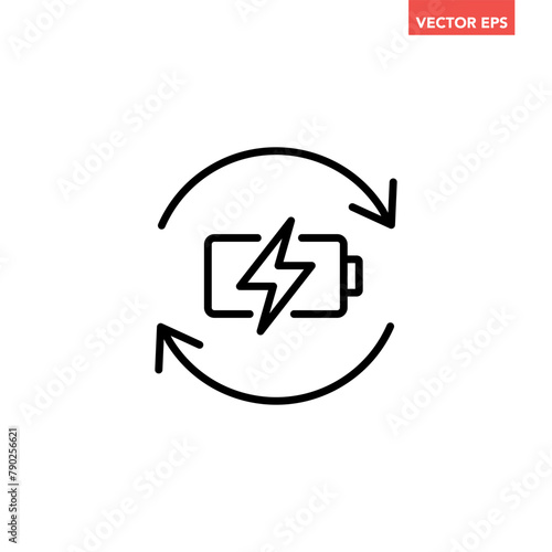 Black single battery recharge line icon, simple charging power cycle symbol flat design pictogram vector for app ads web banner button ui interface elements isolated on white background