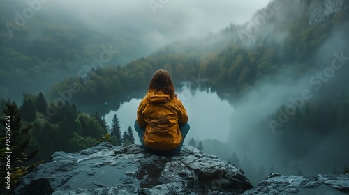 a person sitting on a rock looking out over a lake in the mountains with fog in the air and trees photo