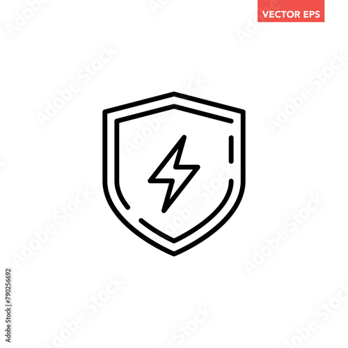 Black single electric shield line icon, electric station or voltage protection flat design vector pictogram, infographic interface elements for app logo web button ui ux isolated on white background