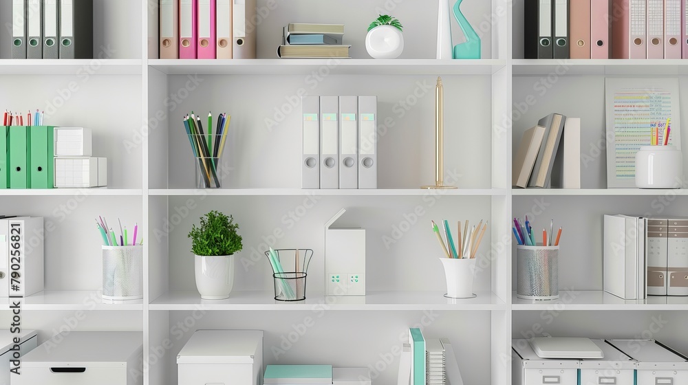 Closeup of white office shelves displaying various stationery Stock