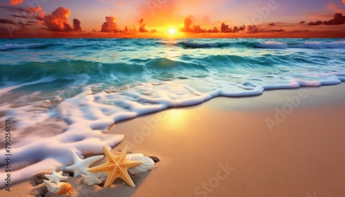 View of the beach waves is truly amazing and creates wisps of white foam on the shoreline, with stunning vibrant reflections of sunlight, sea creatures, shells, starfish and turtles walk on the beach 