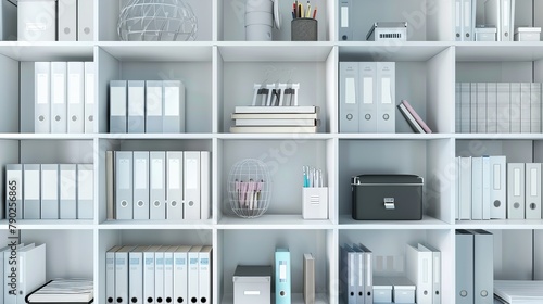 Close-up of white office shelves displaying various stationery