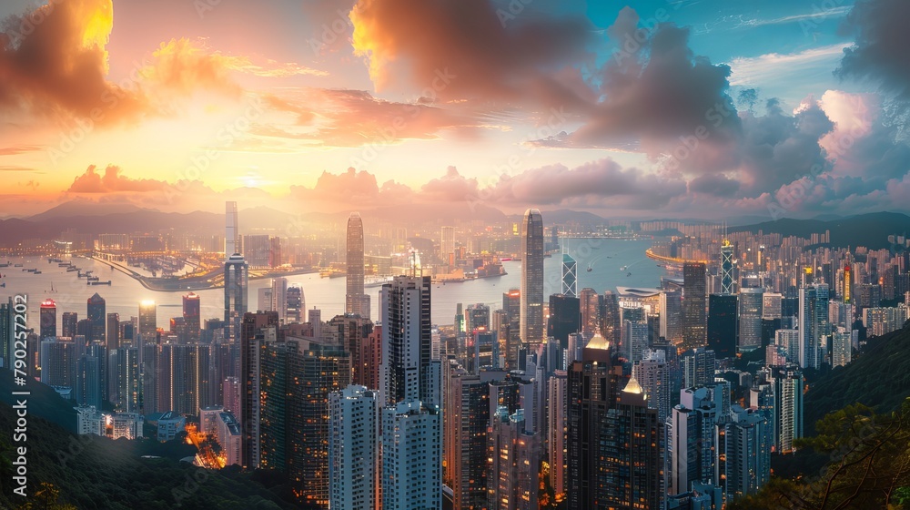 Wonderful panoramic view of the modern cityscape of Hong Kong taken from Victoria Peak at dusk, accompanied by incredible clouds
