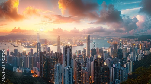 Wonderful panoramic view of the modern cityscape of Hong Kong taken from Victoria Peak at dusk, accompanied by incredible clouds photo