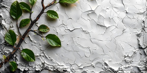 Cracked Texture Wall with Vibrant Green Leaves in a Flat Lay Style - Striking Contrast and Fine Details photo