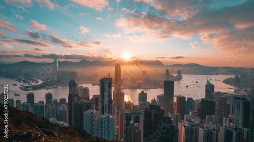 Wonderful panoramic view of the modern cityscape of Hong Kong taken from Victoria Peak at dusk, accompanied by incredible clouds