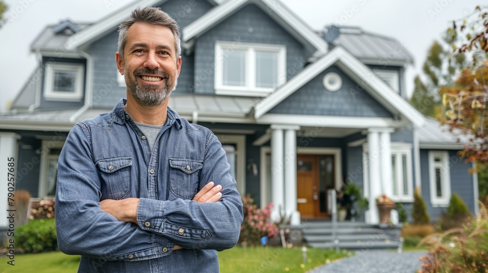 a man standing in front of a house a man standing in front of a house
