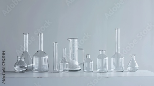 a group of glass flasks sitting on top of a table next to each other