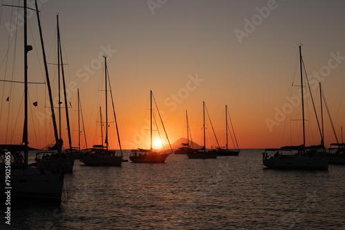Silhouetted Yachts at anchor in the bay of Vulcano, one of the Aeolian Islands